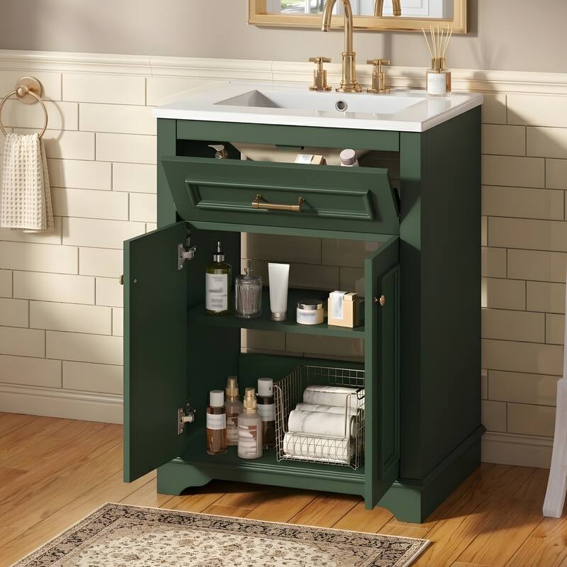 24" Bathroom Vanity with Integrated Ceramic Sink, Bathroom Cabinet with 2 Doors