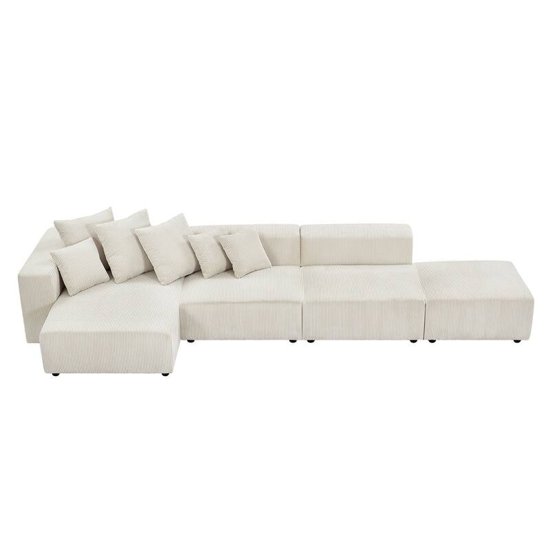 Modular Soft Corduroy Sectional Sofa 4-Piece Set with Small L-Shaped Chaise and Ottoman & 4 Throw Pillows - Beige