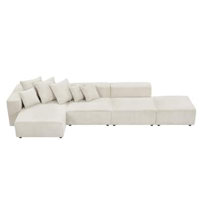 Modular Soft Corduroy Sectional Sofa 4-Piece Set with Small L-Shaped Chaise and Ottoman & 4 Throw Pillows