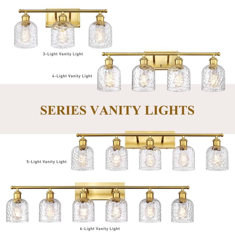 Bathroom Lighting with Clear Hammered Glass, Brushed Gold Finish