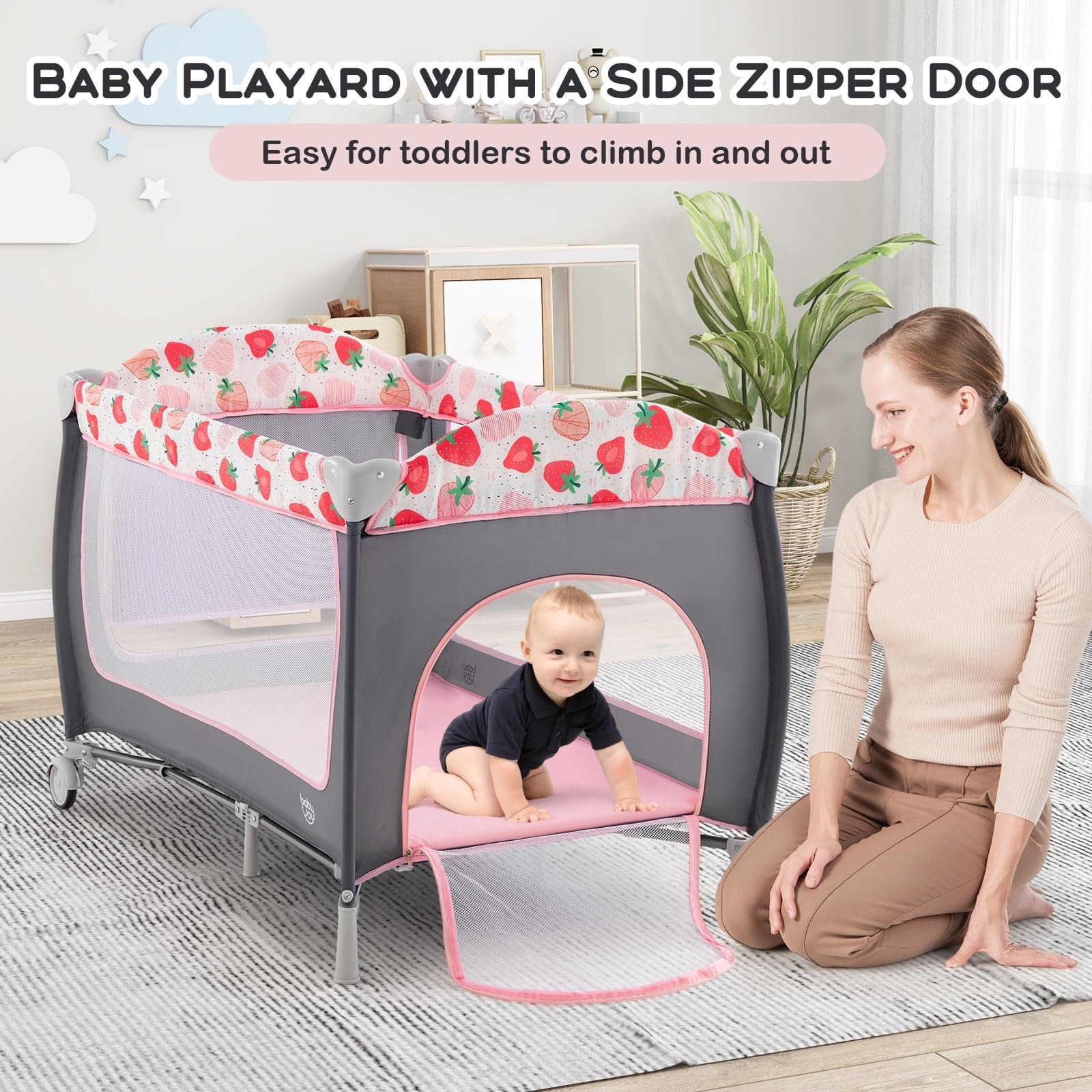4 in 1 Pack and Play Portable Baby Playard with Bassinet Side Zipper Door Travel Nursery Center w Toy Bar Wheels Carry Bag Bed Bath Beyond 40621729