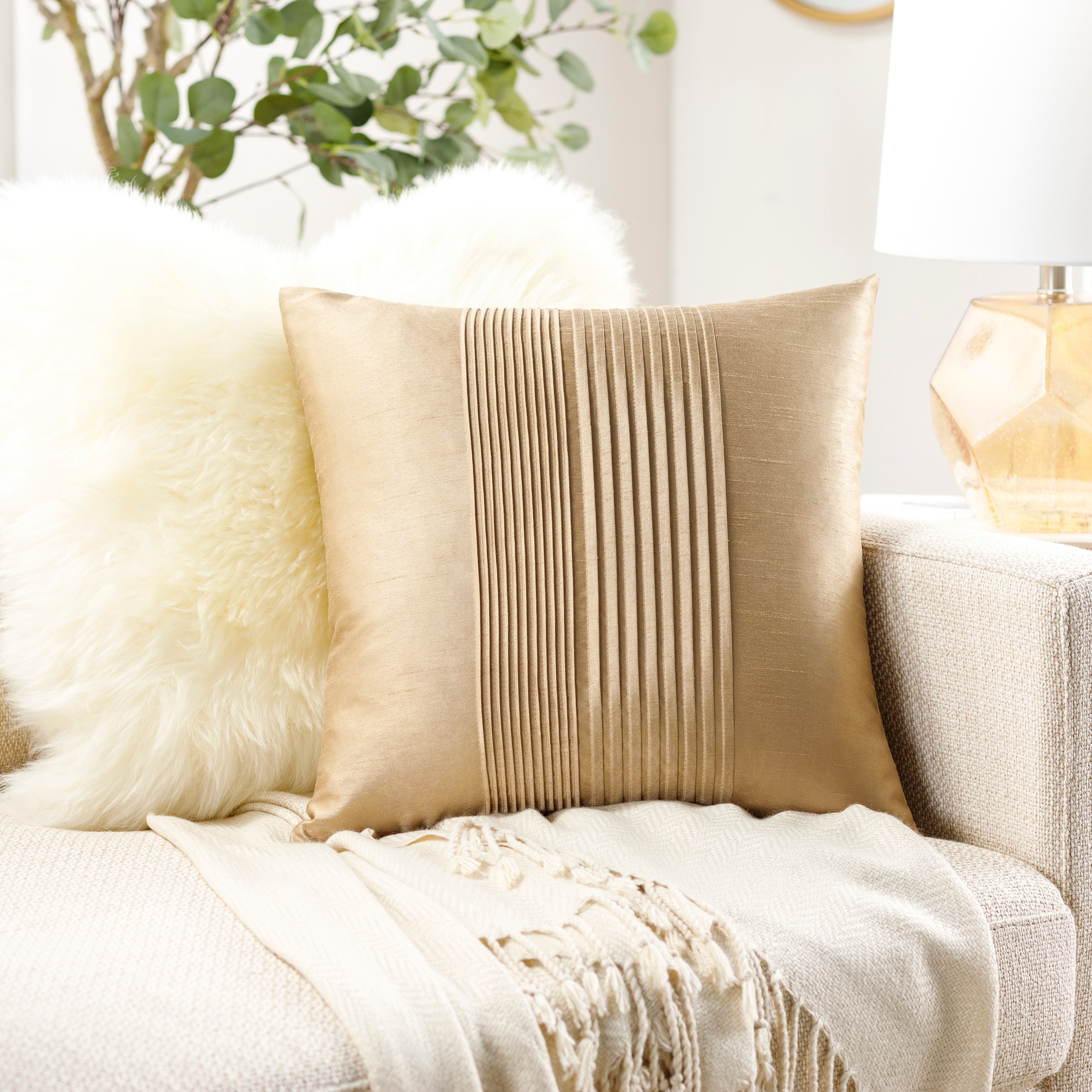 Livabliss Hind Decorative 18-inch Shiny Square Pleated Throw Pillow