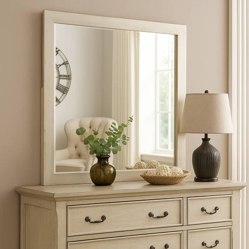 Hyao Dresser Mirror, White Wash Veneer, 38 Inch Square Frame - White Wash