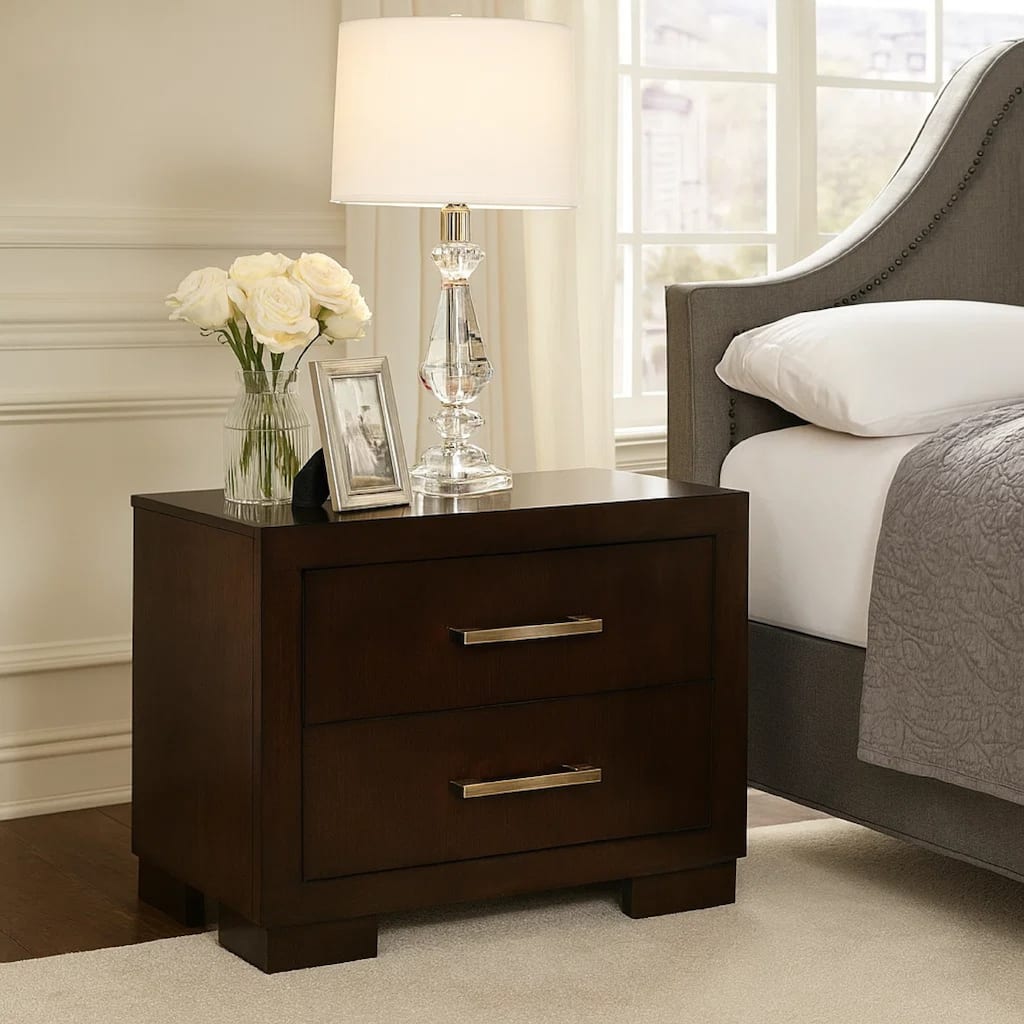 Bela 26 Inch 2 Drawer Nightstand, Felt Lined, Silver Handles, Dark Brown