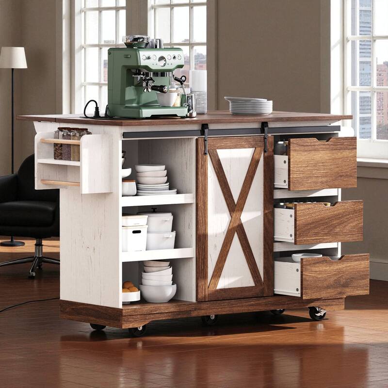 55.5" Farmhouse Kitchen Island with Drop Leaf, Barn Door, Power Outlet, Drawers & Shelves, Rolling Cart on Wheels
