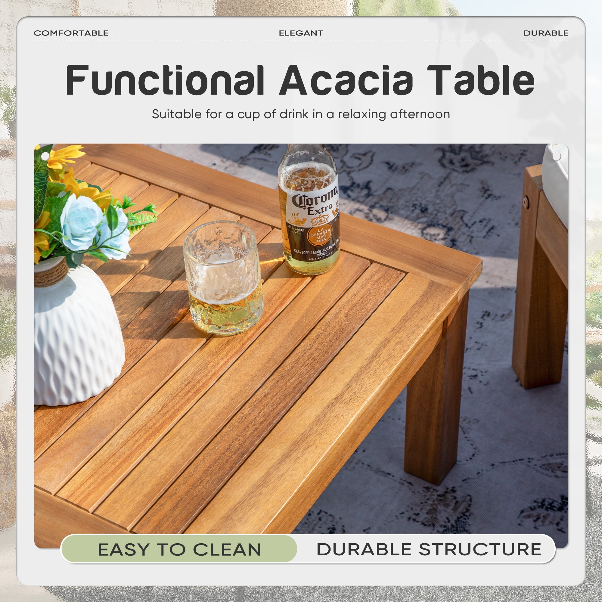 Furniwell 7-Piece Patio Furniture Set - Acacia Wood & Rattan