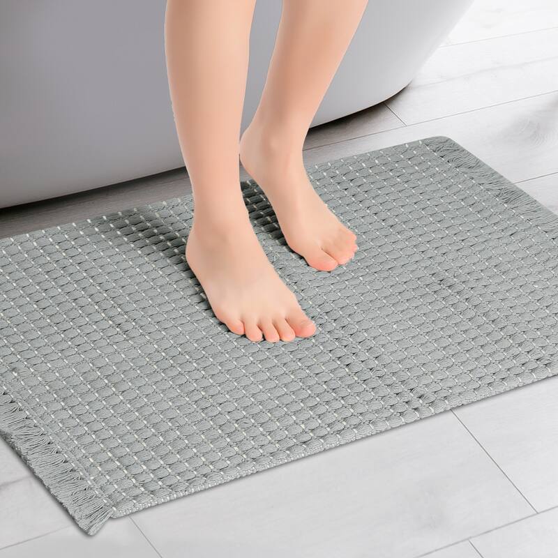 Boho Bathroom Rug, Woven Tecture Rug for Bedroom Throw Rug with Fringe - Grey - 16" x 24"
