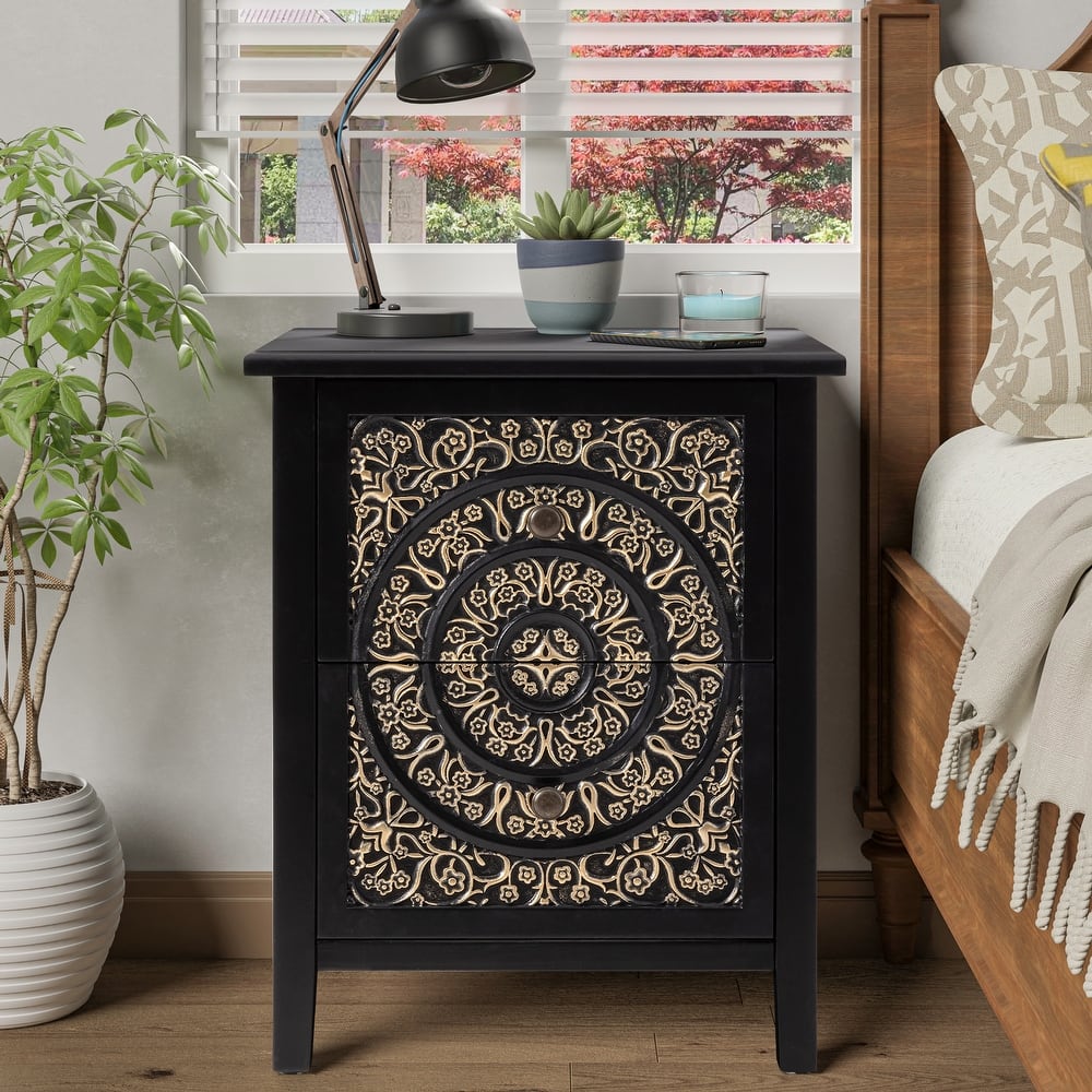 COZAYH Farmhouse Fully-Assembled Nightstand with 2-Drawer, Flower Motif End Table for Small Spaces, French Country