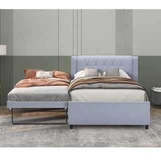 Full Size Upholstered Platform Bed with Adjustable Trundle, Modern Linen Headboard