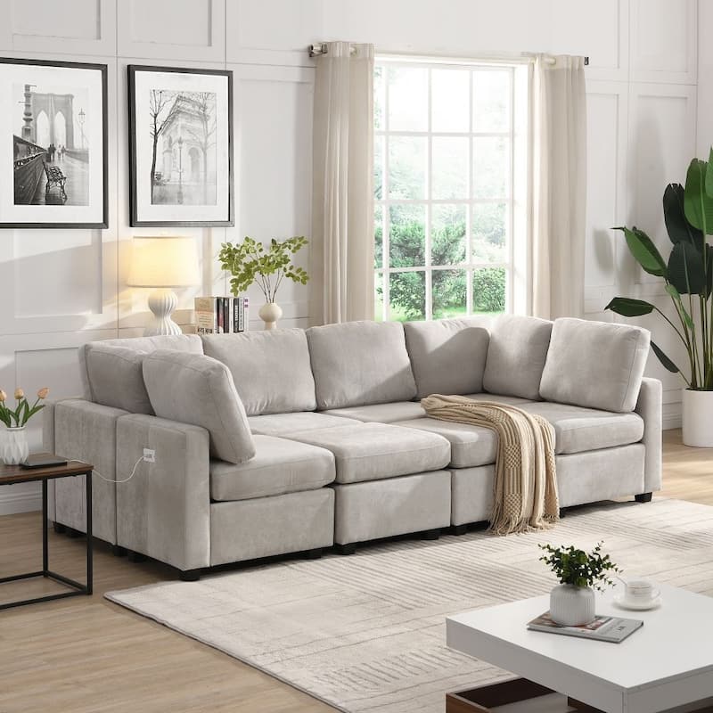 103" U-Shaped Free Combination Modular Sectional Sofa with Two Movable Ottomans and Three USB Ports