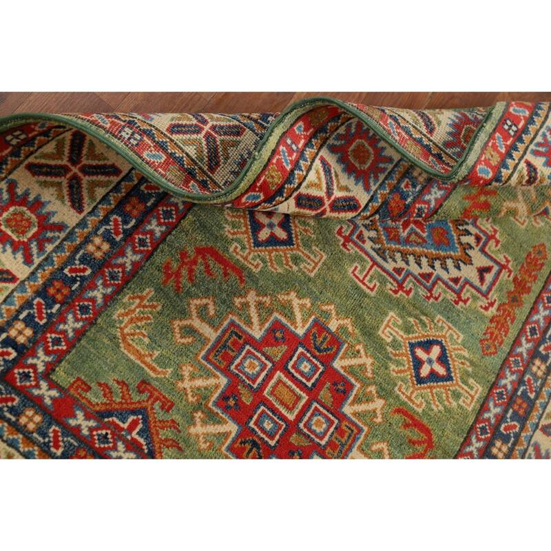 Light Green Kazak Oriental Accent Rug Handmade Wool Carpet - 3'2" x 4'11"
