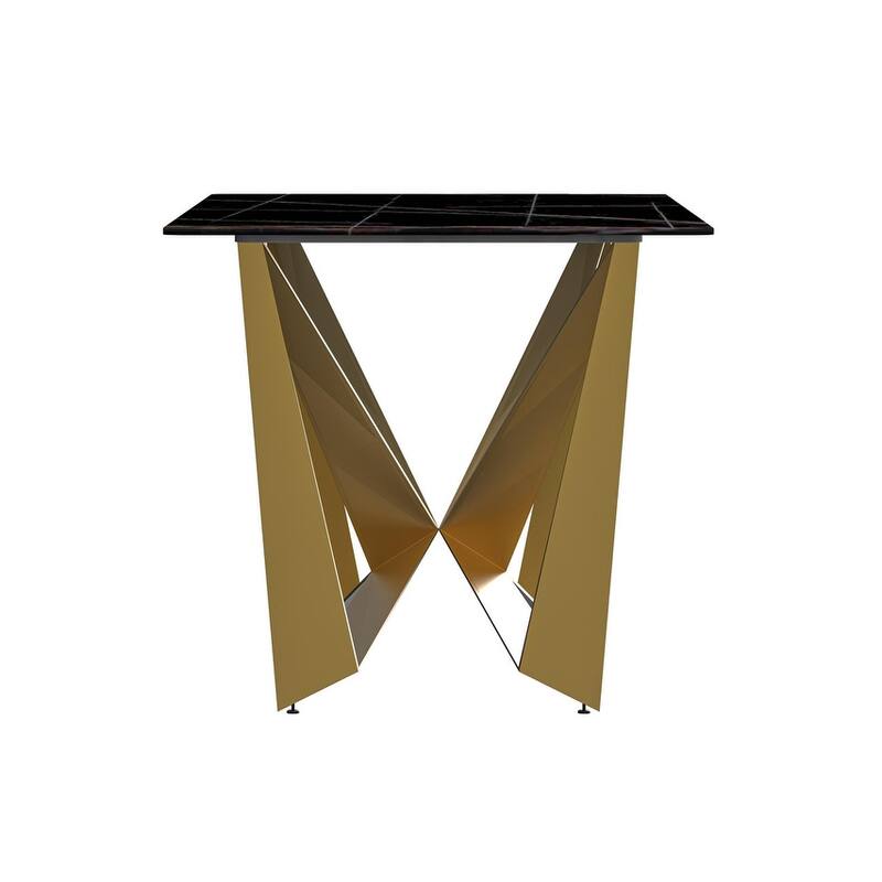 Nuvor Rectangular Sintered Stone or Glass Tabletop Dining Table with Powder-Coated Gold Steel Base for Kitchens & Dining Rooms