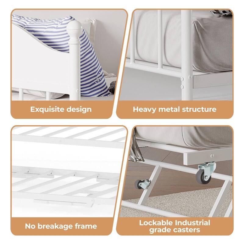 Twin Metal Daybed with Pop-Up Trundle, Lockable Casters