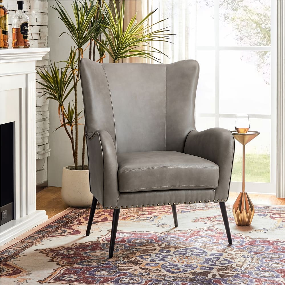 Invidiae Faux Leather Wingback Armchair with Nailhead and Metal Legs by HULALA HOME