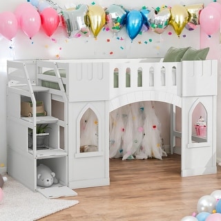 Playful Design Twin Size Loft Bed with Built-in Storage Staircase and Window and Safety Guaranteed for Bedroom