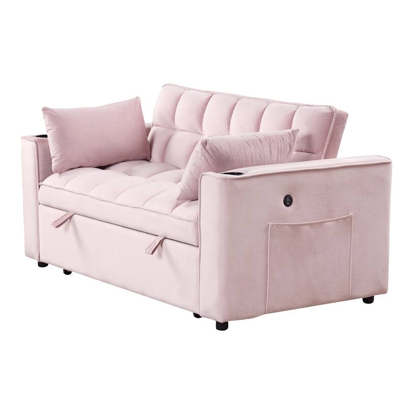 Loveseat Convertible Pull-out Sleeper Sofa Bed Adjustable Backrest Tufted Couch Futon Sofa w2 Pillows, USB Ports Pockets