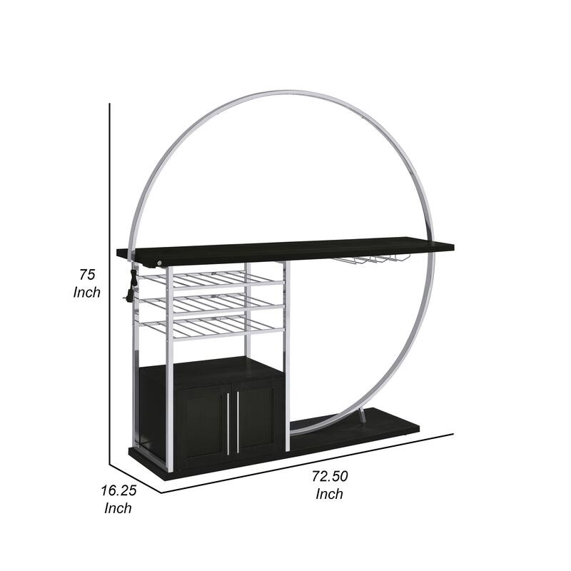 Riya Home Bar Table, LED Light, Cabinets, Wine Storage, Black, Chrome Metal