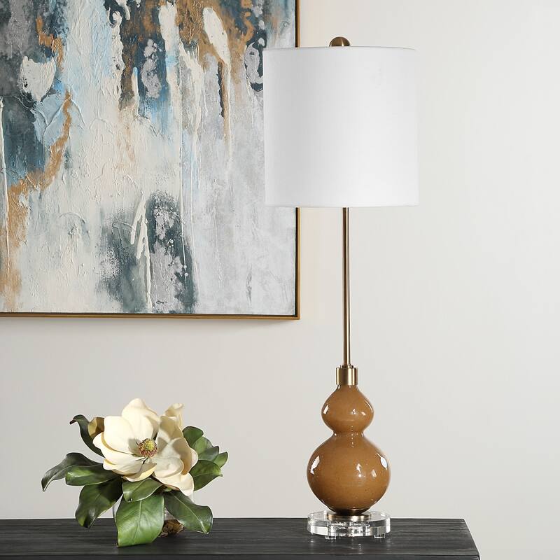 Seeded Glass Buffet Lamp with Drum Shade - 36" - Brown