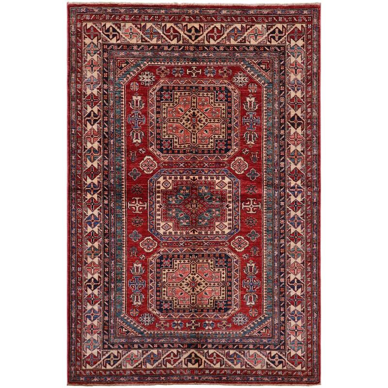 Southwestern Super Kazak Amara Red/Beige Hand Knotted Wool Rug - 4'10'' x 6'6''
