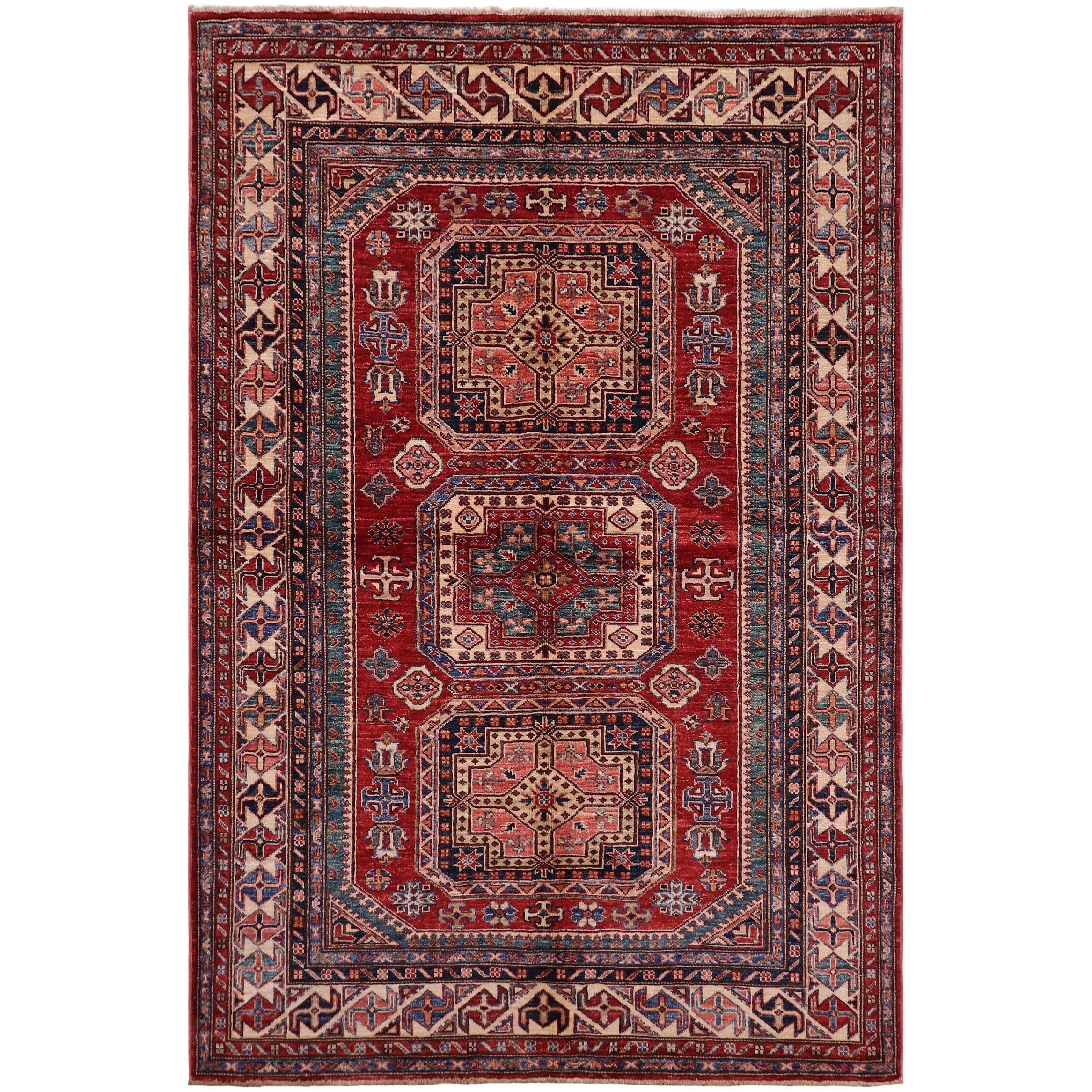Southwestern Super Kazak Amara Red/Beige Hand Knotted Wool Rug - 4'10'' x 6'6''