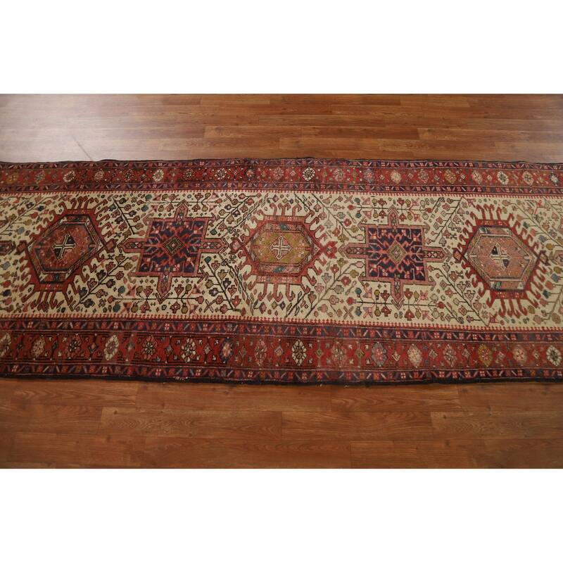 Hand Knotted Oriental 100% Wool Carpet Traditional Geometric Beige & Ivories Heriz Runner Rug - 10' 7'' X 3' 3''