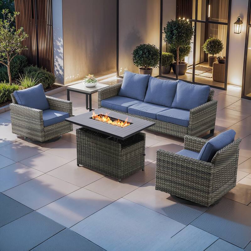 Outdoor Sofa Set with Grey Wicker Fire Pit Table - Grey Wicker Sofa Chair w/ Grey Wicker Fire Table - Blue Cushion - Grey Wicker Sofa Chair w/ Grey Wicker Fire Table
