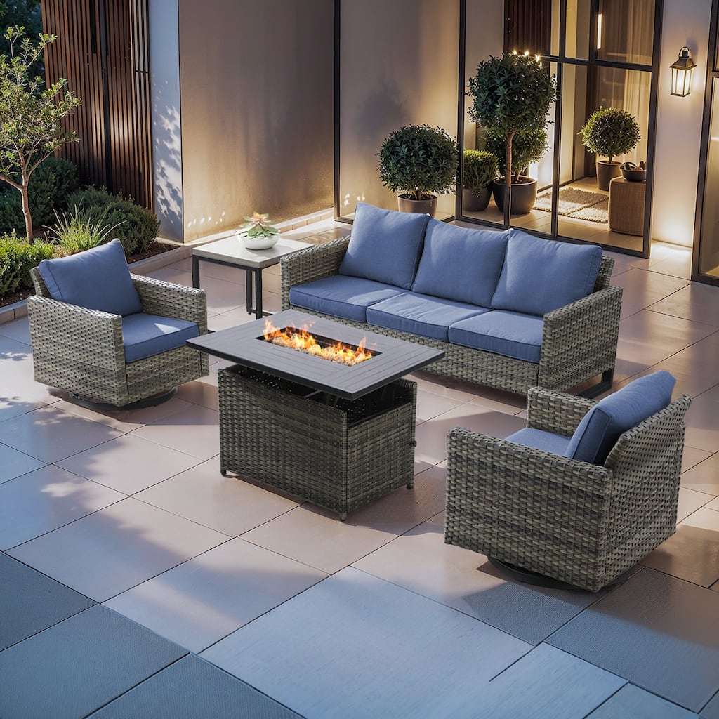 Outdoor Sofa Set with Grey Wicker Fire Pit Table - Grey Wicker Sofa Chair w/ Grey Wicker Fire Table