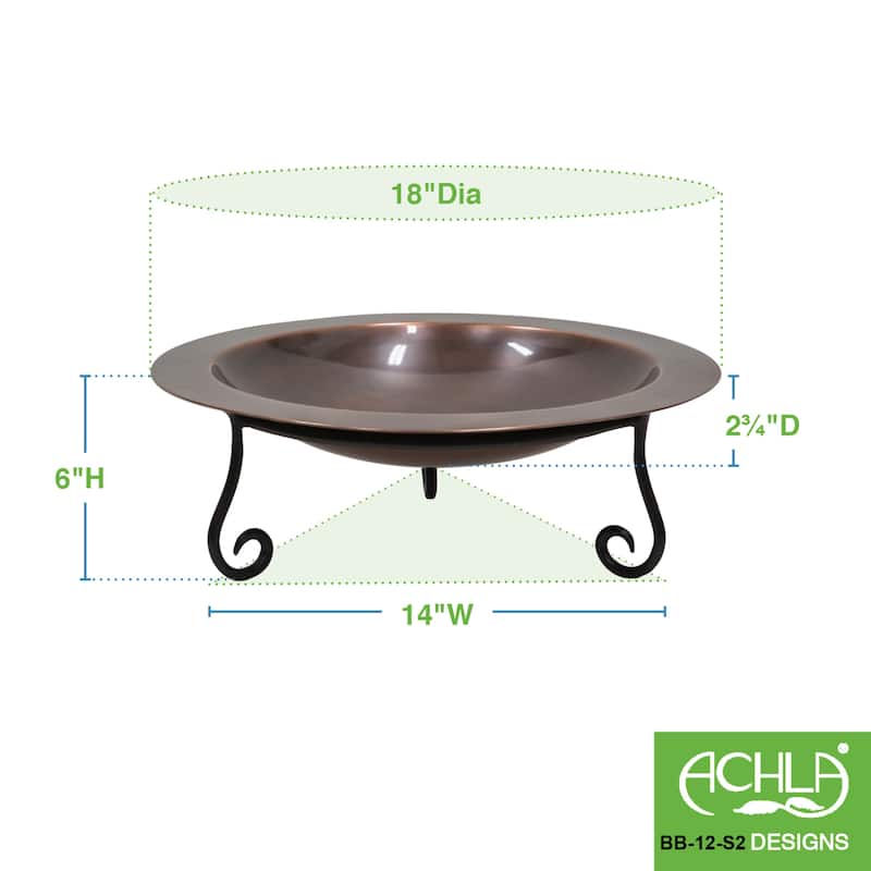 Achla Designs 18"Dia. Round Antique Finished Brass Classic Copper Birdbath w/Short Black Wrought Iron Stand