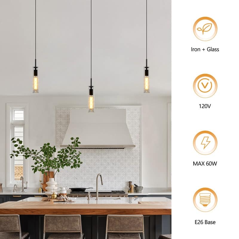 Modern Black Glass Pendant Lights (Set of 3) Adjustable for Kitchen, Dining & Living Areas (No Bulbs)