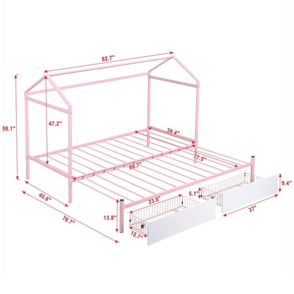 dimension image slide 1 of 2, 2 Color Twin XL to King Metal House Bed with 2 Drawers