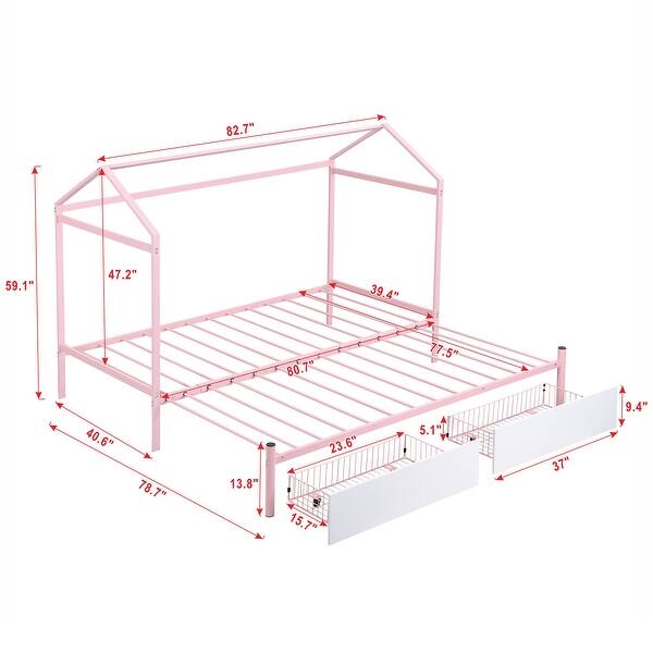 dimension image slide 1 of 2, Twin XL to King Metal House Platform Bed Frame with Underneath 2 Drawers and House-shaped Frame for Kids, Teens