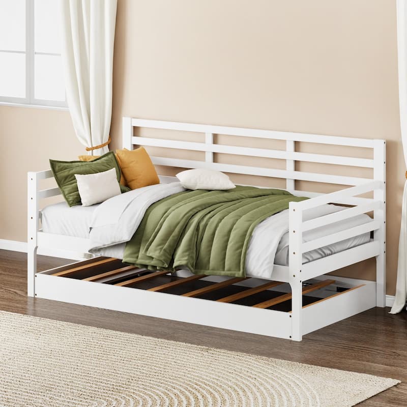Twin Daybed with Trundle & Guardrails - White Pine Wood Sofa Bed, 350lbs Capacity, Space-Saving for Bedroom/Living Room