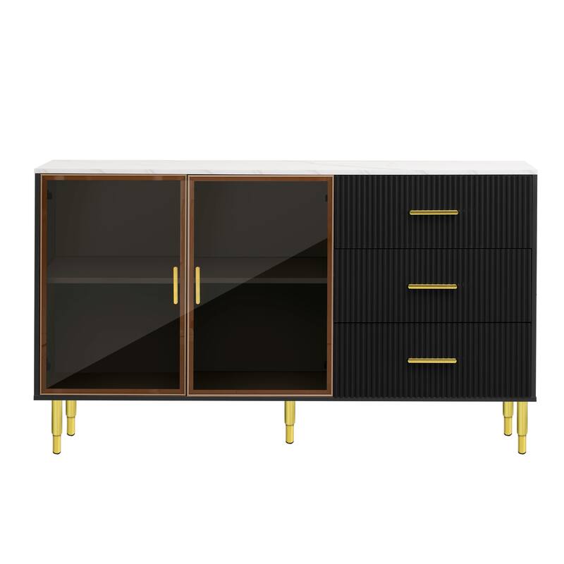 Luxury Storage Cabinet with Marble Finish, Gold Legs & Tempered Glass Doors for Modern Living Spaces