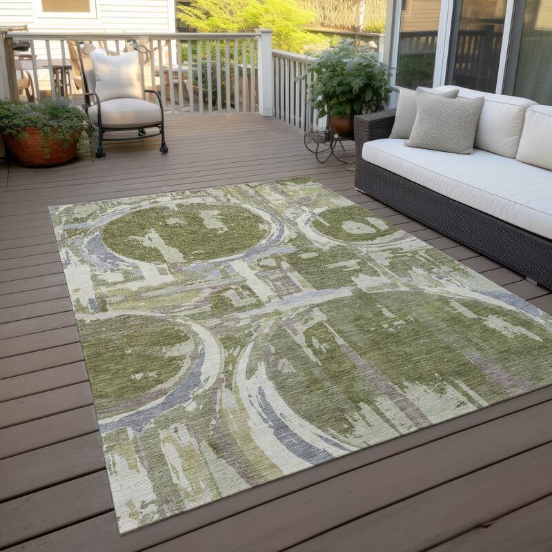 Machine Washable Indoor/ Outdoor Chantille Contemporary Abstract Rug - Olive - 10' x 14'
