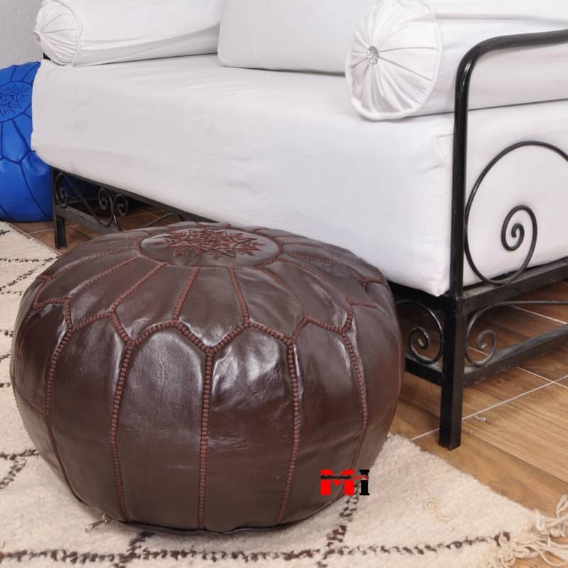 Amira Handmade Top Grain Leather Moroccan Ottoman/Pouf (Morocco) - Brown