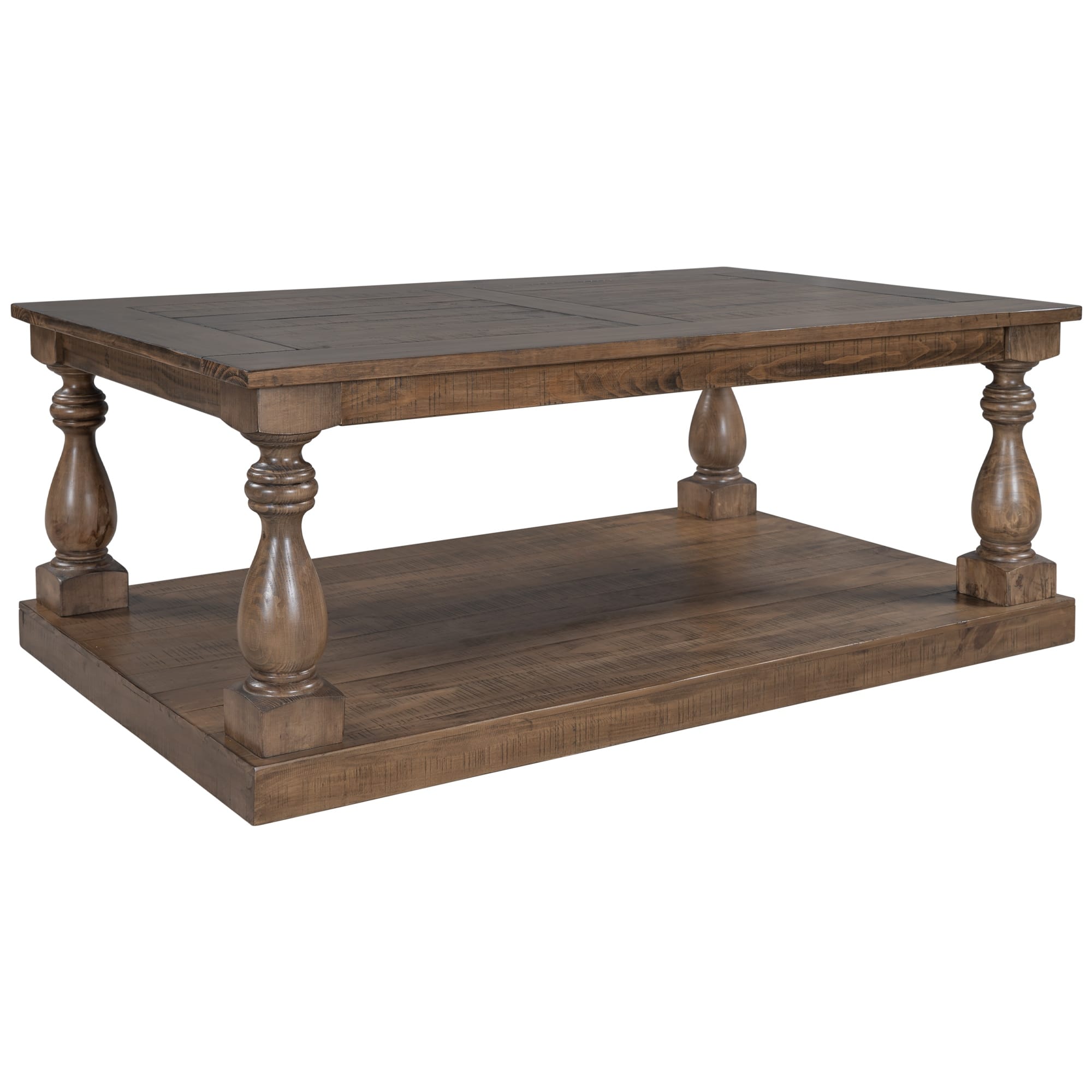 Rustic Floor Shelf Coffee Table With Storage,Solid Pine Wood Coffee