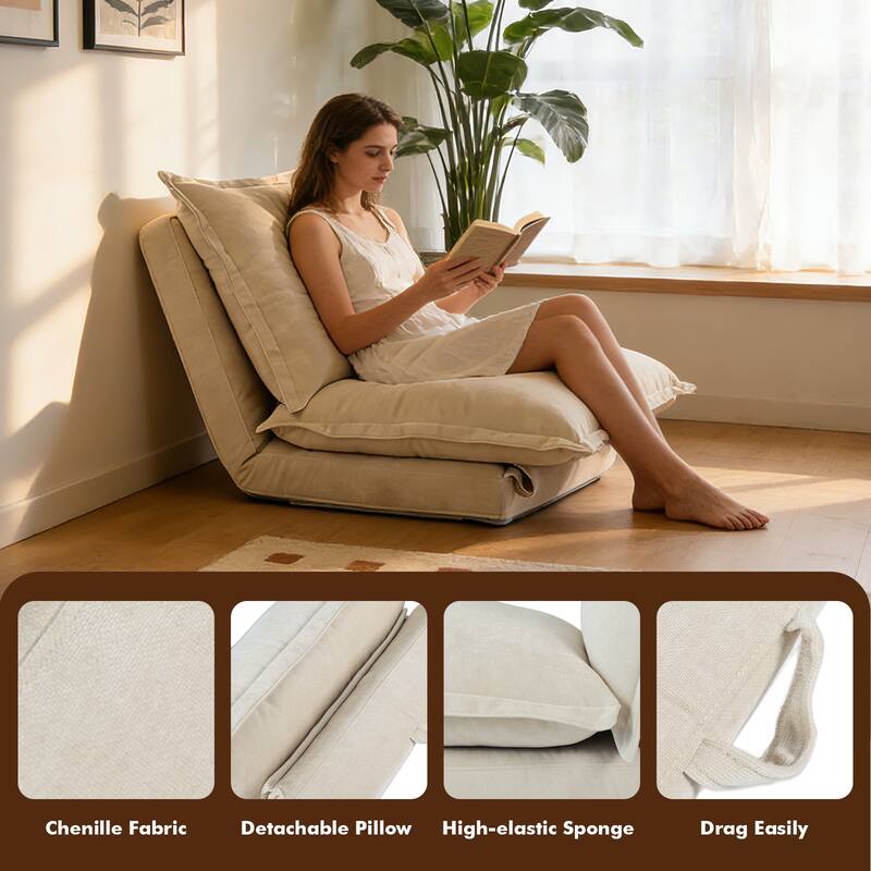 Chenille Upholstered Convertible Flip Comfy Bean Bag Lazy Sofa with Adjustable Backrest for Living Room