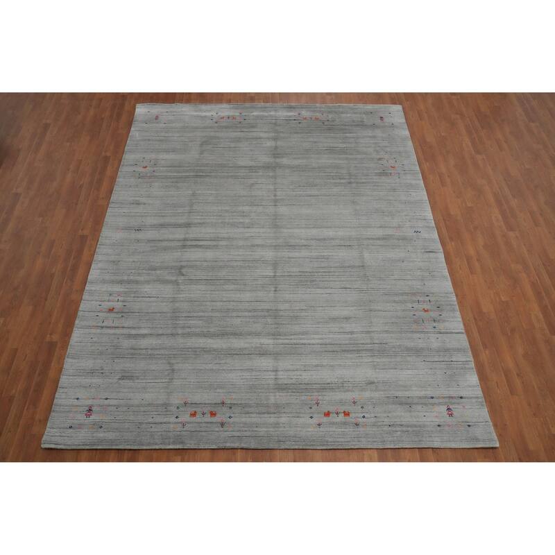 Hand Knotted Oriental Viscose Silk Carpet Tribal Animal Pictorial Greys & Charcoal Gabbeh Area Rug - 11' 9'' X 9' 0''