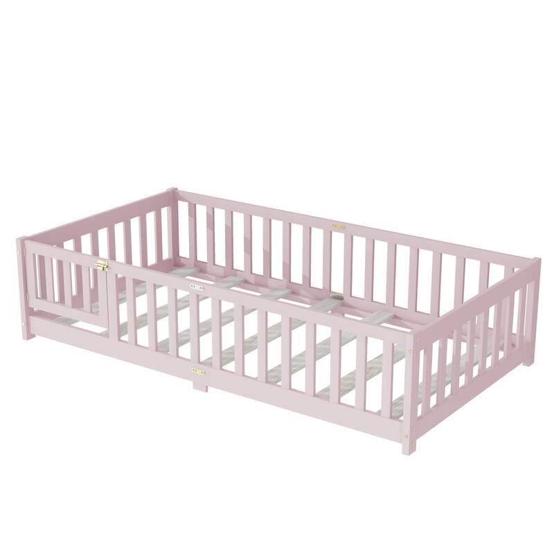 Twin Size Floor Bed with Fence and Door,Rubber Wood Floor Bed with Safety Guardrails,Pink