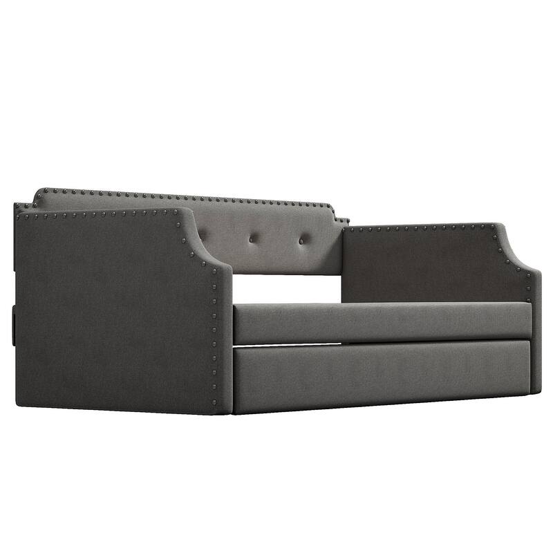 Twin Upholstered Daybed with Trundle and Nailhead Trim, Wood Slat Support