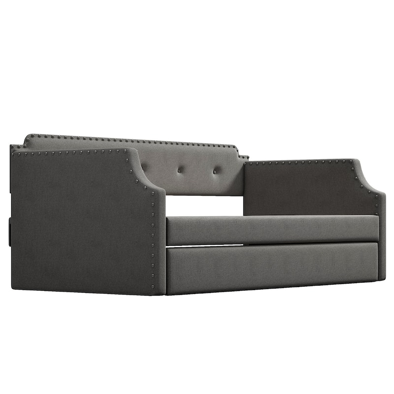 Upholstered Twin Size Daybed with Trundle, Wood Slat Support