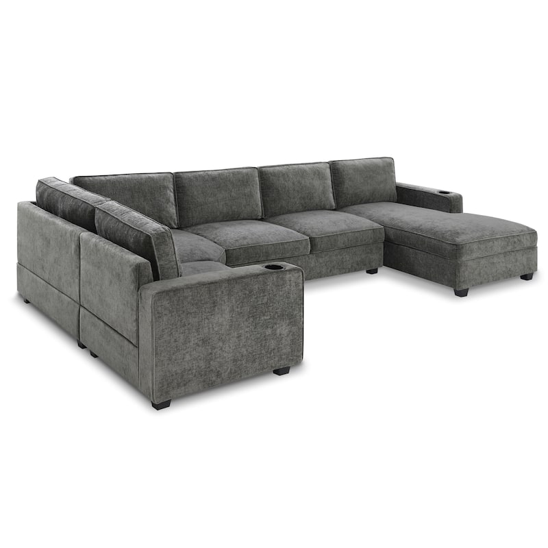 Roomfitters 119" U Shaped Sectional Sofa, 6 Seat Chenille Corner Couch with Deep Wide Seat and Chaise Lounge