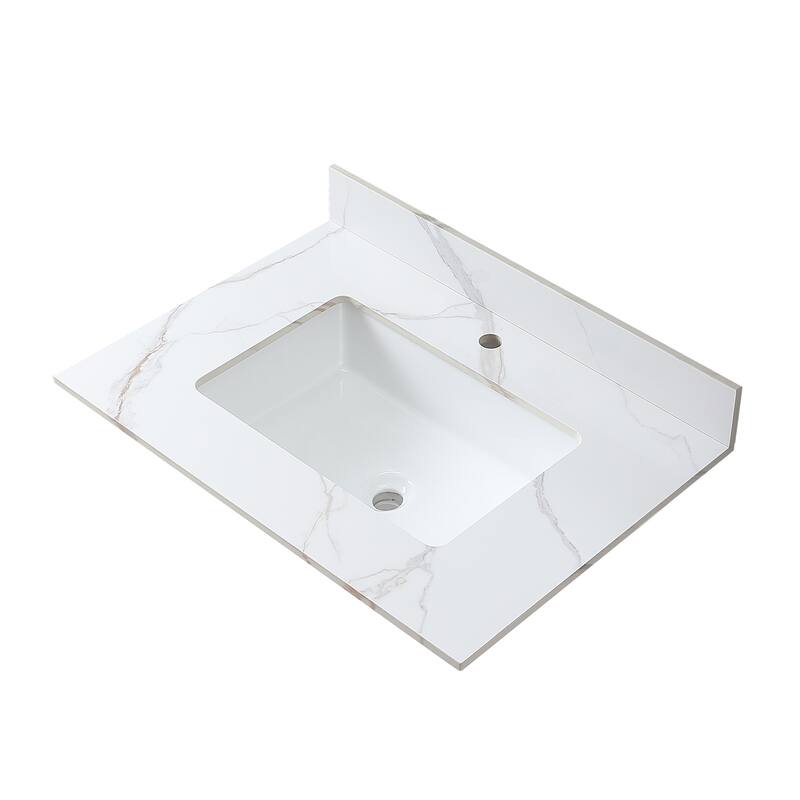 Elegant 31 Inch Carrara Marble Style Vanity Top with Ceramic Sink and Backsplash, Pre-Sealed and Polished - 31.02in L - White