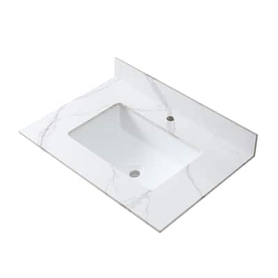 Elegant 31 Inch Carrara Marble Style Vanity Top with Ceramic Sink and Backsplash, Pre-Sealed and Polished - 31.02in L