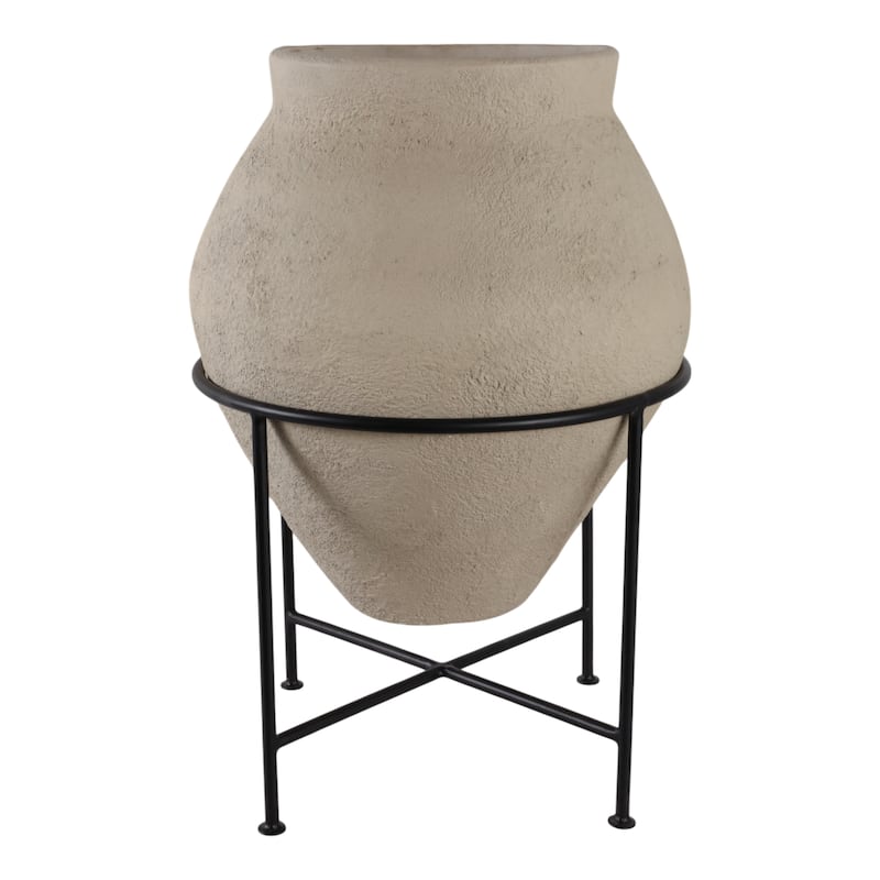 Pottery Planter Pot with Metal Stand Handcrafted Vessel Garden Decor