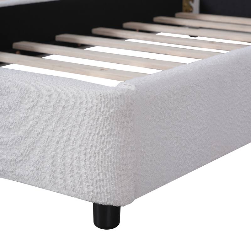 Luxury Boucle Upholstered Platform Bed with Round Curved Headboard, No Box Spring Needed