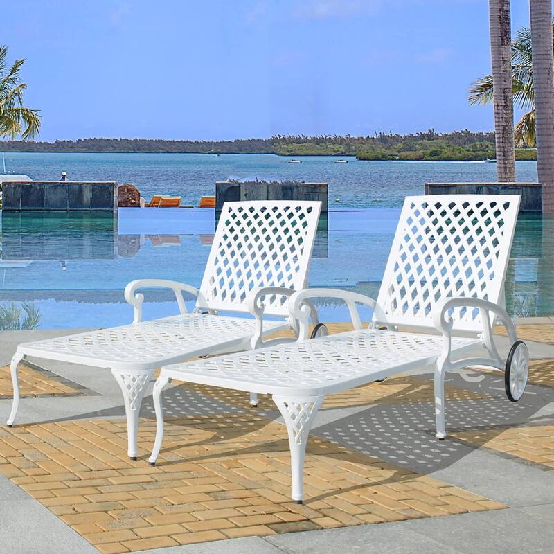 HOMEFUN Aluminum Outdoor Waterproof Chaise Lounge Chair with Adjustable Backrest and Wheels - White-2PC