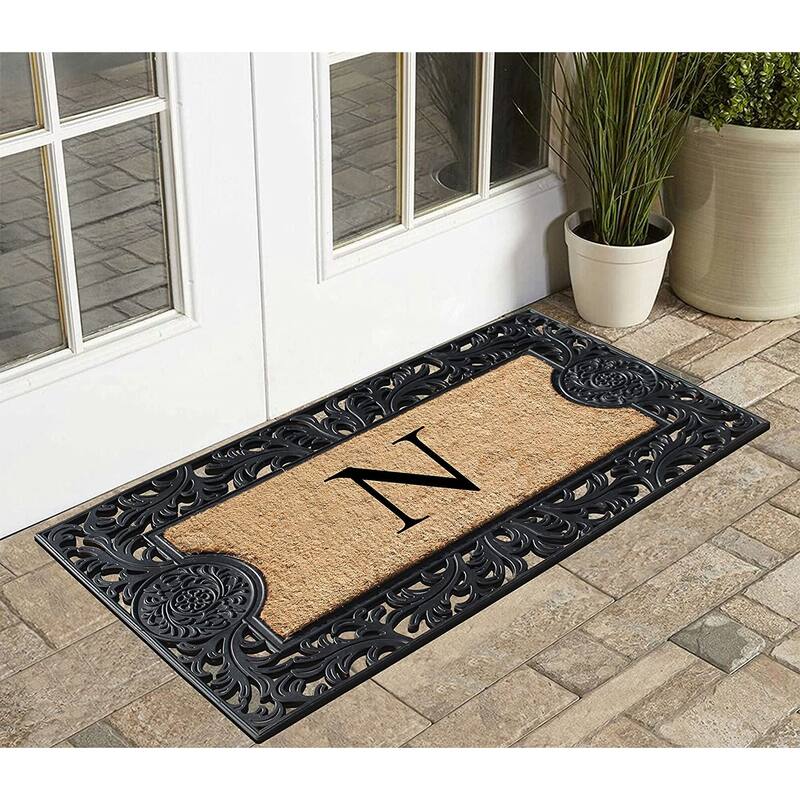 A1HC Floral Border Rubber and Coir Large Outdoor Durable Monogrammed Doormat, Black - 23" X 38"