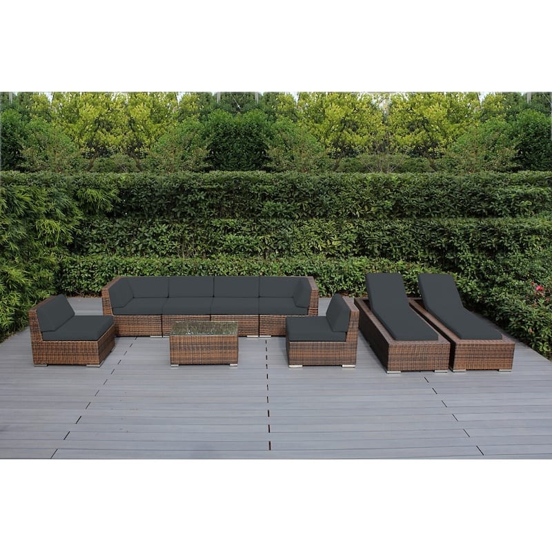 Ohana Outdoor Patio 9-piece Mixed Brown Cushioned Wicker Sofa Set - No Assembly - Grey