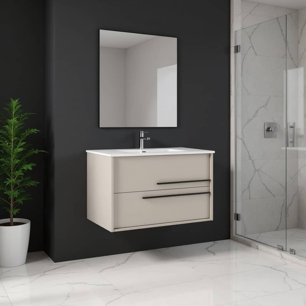 HomeRoots 40" Tan Wood Floating Bathroom Vanity With White Sink And Two Drawers - 40.00 in. x 24.60 in. x 21.60 in.